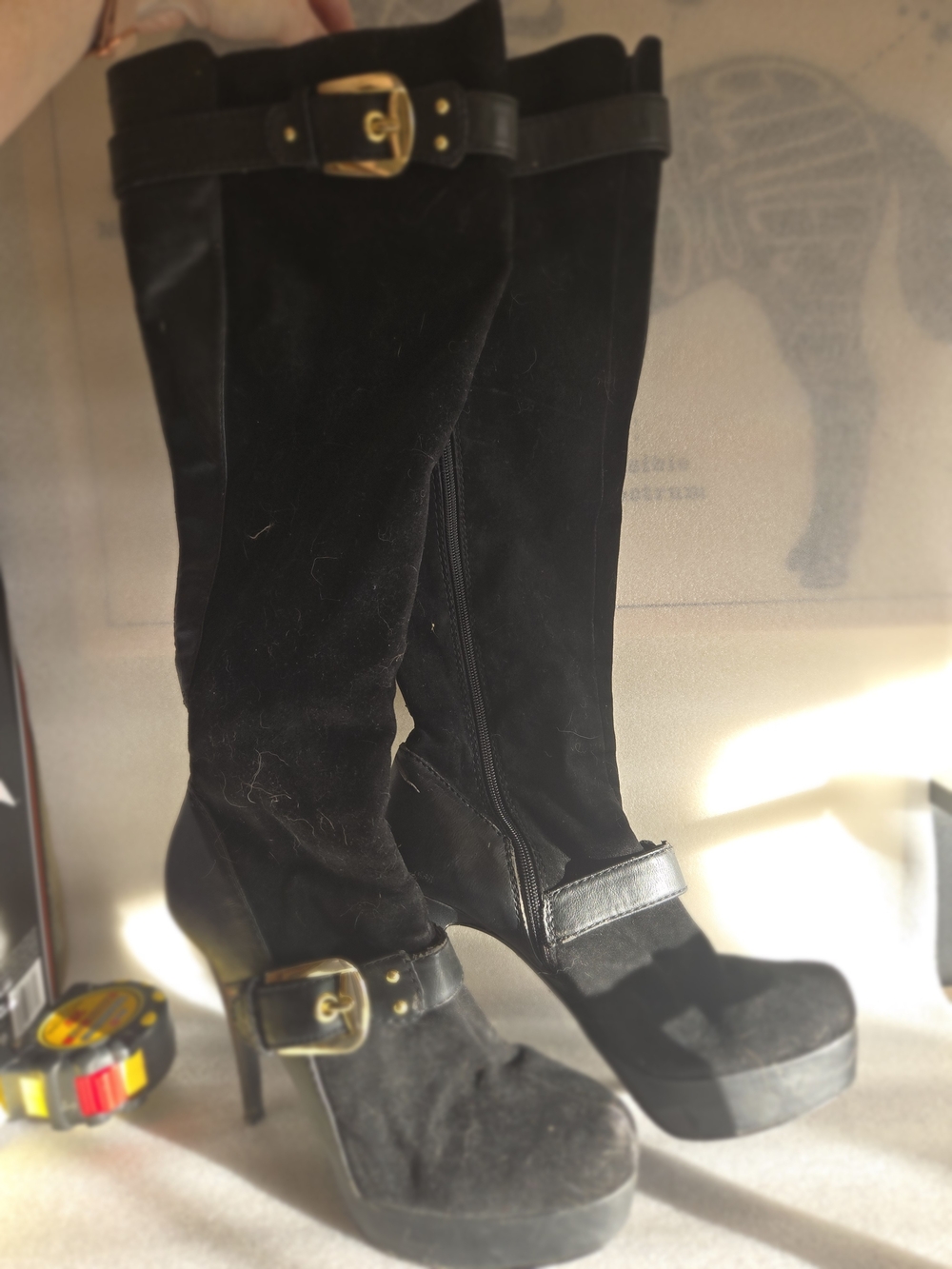 Lourdes Black Suede Platform Knee-High Heels with Gold Buckle